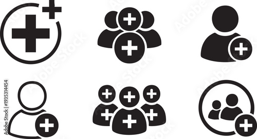 Five black and white medical people with plus signs medical people plus signs healthcare symbols