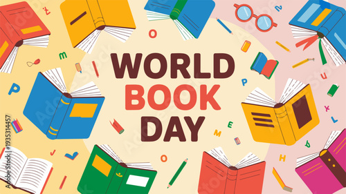 Vibrant world book day illustration with books glasses and colorful stationery on light background