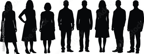 Black silhouettes of seven people standing in a row white background