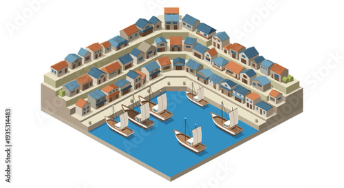 Isometric illustration of a quaint fishing village and harbor, featuring colorful houses and wooden sailing boats, perfect for travel brochures, maps, or game design elements.