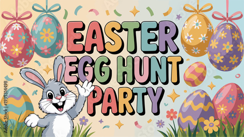 Easter bunny waving in festive colorful eggs party background with text easter egg hunt party