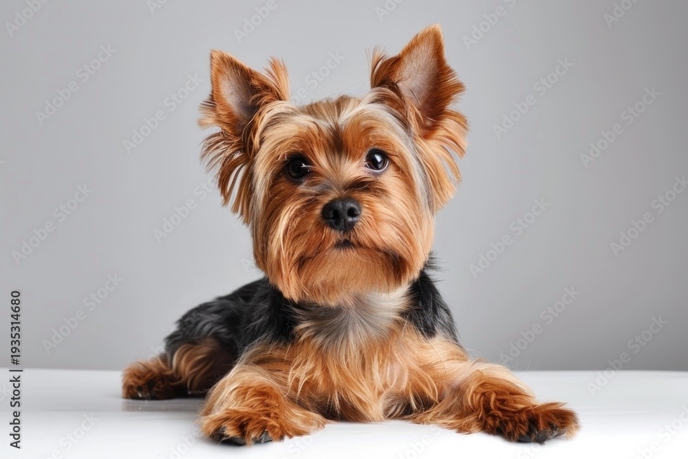 Fototapeta premium Adorable yorkshire terrier puppy resting on a white surface against a simple grey backdrop