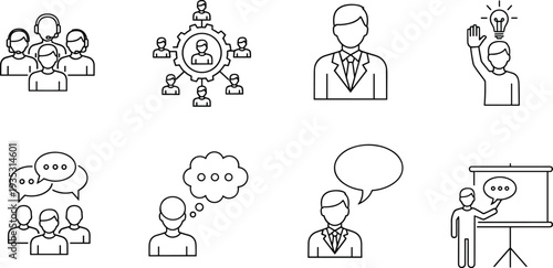 Business communication and teamwork line icons set, customer support leadership presentation brainstorming collaboration vector illustration collection