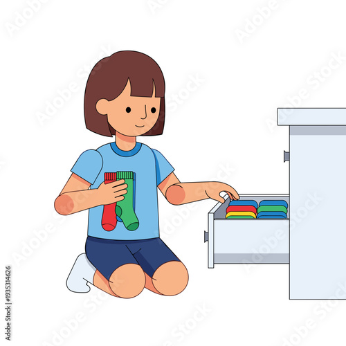 Young girl organizing colorful socks in drawer at home  