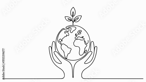 Hands cradling the earth with a sprouting plant symbolizing care and environmental protection in a minimalist line drawing style