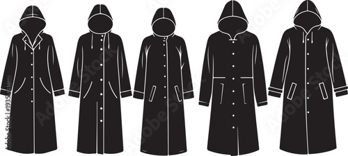 Collection of black coats with hoods and various designs