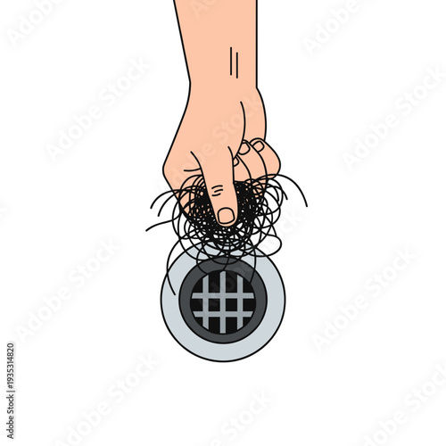 Hand holding tangled hair from a sink drain on white background  