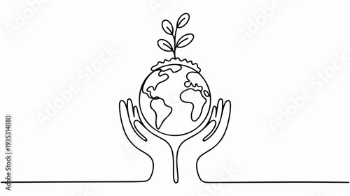 Continuous line drawing of hands cradling the earth with a sprouting plant on top symbolizing care and growth
