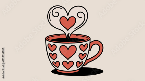 Illustrated ceramic cup with repeating hearts design on a beige background heart steam rising