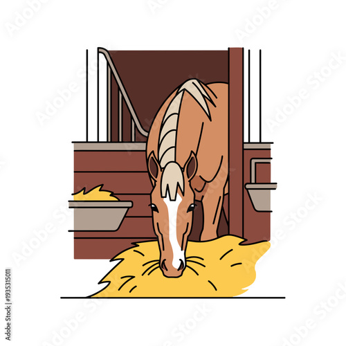 Horse eating hay in stable with wooden walls  