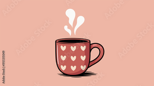 Hand drawn ceramic mug with heart pattern and steam on pink background for coffee or tea