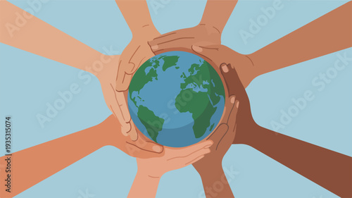 Diverse hands holding the earth globe in unity and support symbolizing global compassion and cooperation