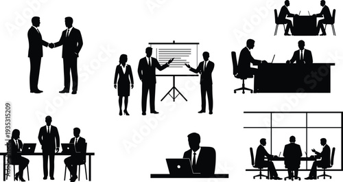 Business people silhouettes set meeting presentation handshake office teamwork corporate discussion working professionals isolated vector illustration collection