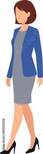Woman in blue blazer and gray dress walking in black heels businesswoman