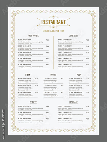 Vintage style food menu template for restaurant. Restaurant menu template with retro ornament.