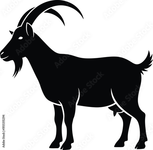 Black silhouette of a goat with curved horns on a white background