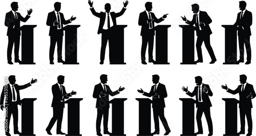 businessman speaking at podium silhouettes collection, corporate leader giving presentation and speech gestures, professional conference speaker vector illustration set