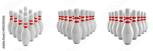 Fotografía Classic Ten-Pin Bowling Set, White Bowling Pins with Red Stripes, Professional Sports Equipment, Competition Setup, Triangle Rack Formation, Isolated On White