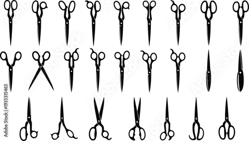 Black and white of various types of scissors cutting tools shears
