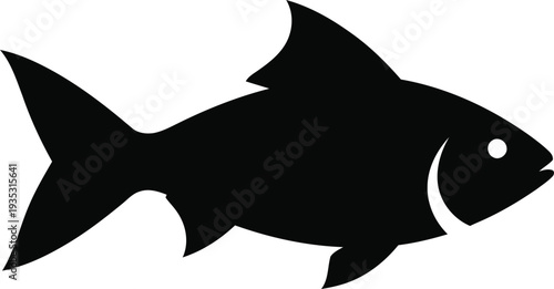 A black silhouette of a fish swimming to the right on a white background