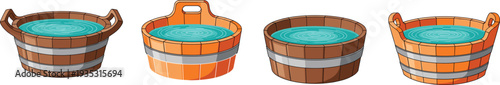 Wooden water bucket and tub collection filled with water, rustic barrel containers for farm, garden and household use isolated vector illustration