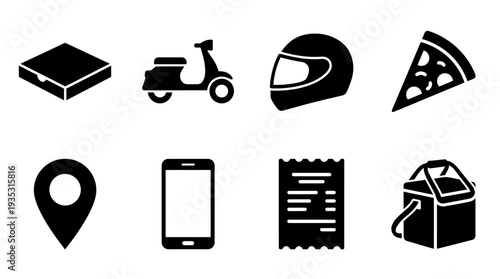 Food Delivery Icon Set – Illustrations Featuring Pizza Box, Scooter, Helmet, Pizza Slice, Location Pin, Smartphone, Receipt, and Takeout Container for Delivery and Restaurant Designs