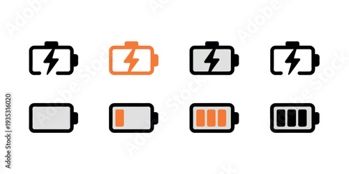 Battery icons in various states of charge on transparent background