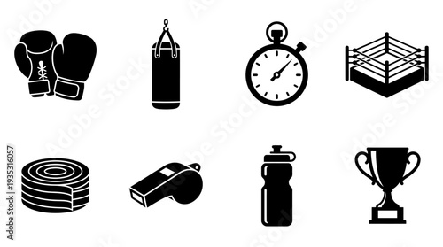 Boxing Icon Set – Sports Illustrations Featuring Gloves, Punching Bag, Stopwatch, Boxing Ring, Tape Rolls, Whistle, Water Bottle, and Trophy for Training and Fitness Designs