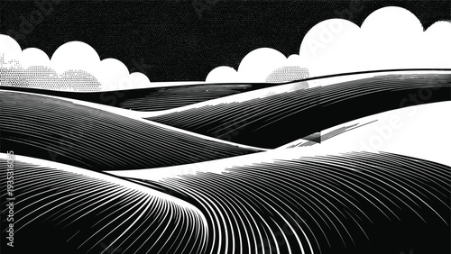 Abstract Woodcut Illustration of Rolling Hills and Rural Farmland Fields with Clouds in a High Contrast Black and White Hand Drawn Engraving Style