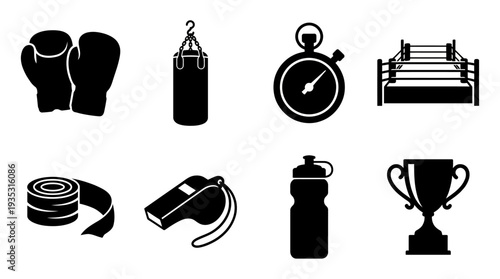 Boxing Icon Set – Sports Illustrations Featuring Gloves, Punching Bag, Stopwatch, Boxing Ring, Tape Rolls, Whistle, Water Bottle, and Trophy for Training and Fitness Designs