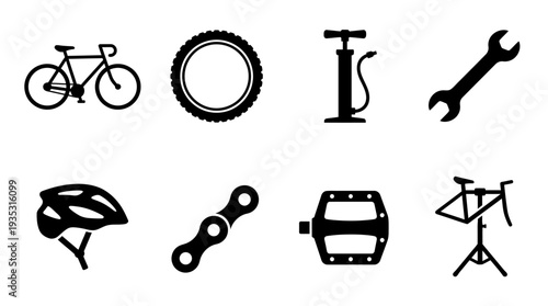 Cycling Icon Set – Bicycle and Maintenance Illustrations Featuring Bike, Tire, Pump, Wrench, Helmet, Chain Link, Pedal, and Repair Stand for Cycling Designs