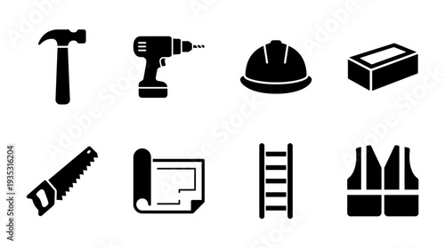 Construction Icon Set – Building and Safety Illustrations Featuring Hammer, Drill, Hard Hat, Brick, Saw, Blueprint, Ladder, and Safety Vest for Construction and Contractor Designs