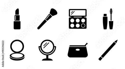 Makeup Icon Set – Beauty Illustrations Featuring Lipstick, Brush, Eyeshadow Palette, Mascara, Compact Powder, Mirror, Makeup Bag, and Eyeliner for Cosmetic and Fashion Designs