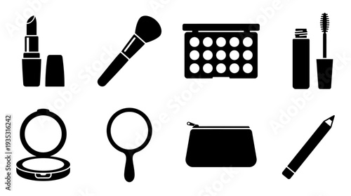 Makeup Icon Set – Beauty Illustrations Featuring Lipstick, Brush, Eyeshadow Palette, Mascara, Compact Powder, Mirror, Makeup Bag, and Eyeliner for Cosmetic and Fashion Designs
