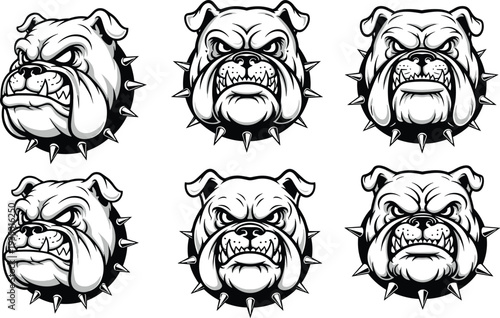 Angry bulldog head mascot set with spiked collar, aggressive dog face collection, vintage black white illustration for sports team logo tattoo sticker design