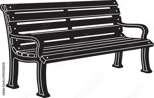 Black metal park bench with armrests and wooden slats