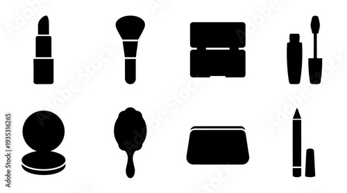 Makeup Icon Set – Beauty Illustrations Featuring Lipstick, Brush, Eyeshadow Palette, Mascara, Compact Powder, Mirror, Makeup Bag, and Eyeliner for Cosmetic and Fashion Designs