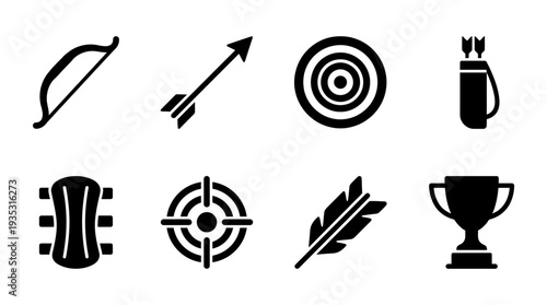 Archery Icon Set – Sports Illustrations Featuring Bow, Arrow, Target, Quiver, Arm Guard, Crosshair, Feather, and Trophy for Archery Training and Competition Designs