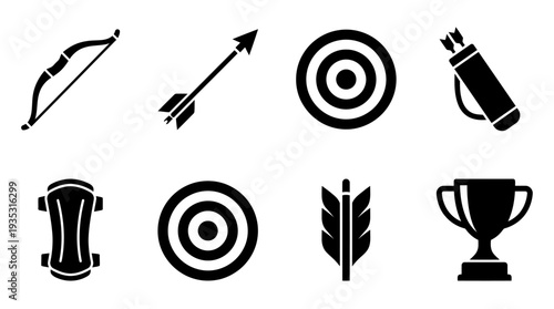Archery Icon Set – Sports Illustrations Featuring Bow, Arrow, Target, Quiver, Arm Guard, Crosshair, Feather, and Trophy for Archery Training and Competition Designs