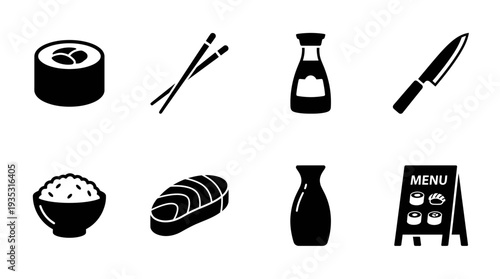 Japanese Food Icon Set – Sushi and Cuisine Illustrations Featuring Sushi Roll, Chopsticks, Soy Sauce Bottle, Knife, Rice Bowl, Sushi Board, Sake Bottle, and Menu