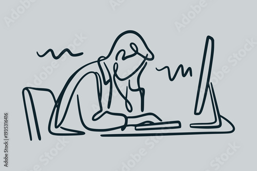 Continuous line drawing of a person working at a computer on a plain background, expressing stress and focus. Professional burnout syndrome.