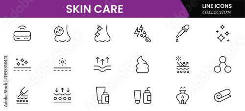 Skin care line icons set. Moisture cream, acid, anti wrinkle serum, creamed, collagen. Pixel perfect, minimalistic web and UI icon.Thin line icon collection. Vector illustration.