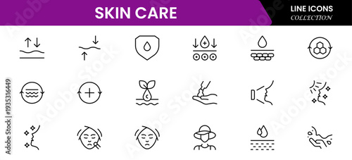 Skin care line icons set. Moisture cream, acid, anti wrinkle serum, creamed, collagen. Pixel perfect, minimalistic web and UI icon.Thin line icon collection. Vector illustration.