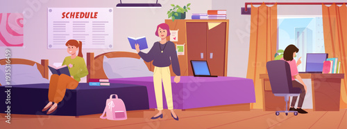 A student dormitory interior with three girls studying.