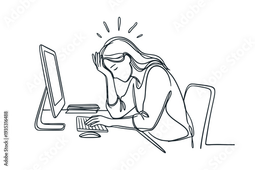 Stressed person at computer in line art style on white background showing concept of burnout and stress issues. Professional burnout syndrome.
