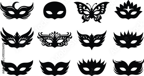 Black masquerade masks with various on white background carnival