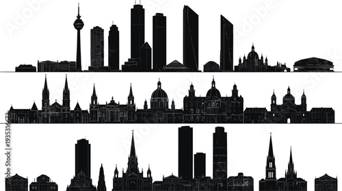Black City Skyline Silhouette Set Featuring Detailed Landmarks European Architecture Historic Cathedrals and Modern Skyscrapers Vector Illustration Isolated on White Background for Travel Design
