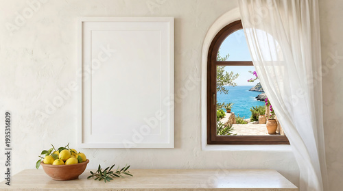 Blank frame mockup for advertising in a sunny Mediterranean interior with an arched window overlooking the turquoise sea and coastal landscape