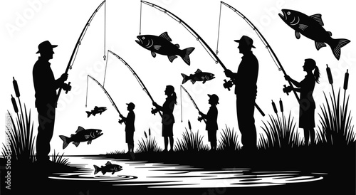Black silhouette of a family with parents and children fishing by a lake with cattails and jumping trout isolated on a white background.