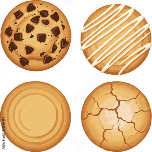 Minimalist hand drawn line art vector of assorted delicious cookies including chocolate chip and glazed treats on white background